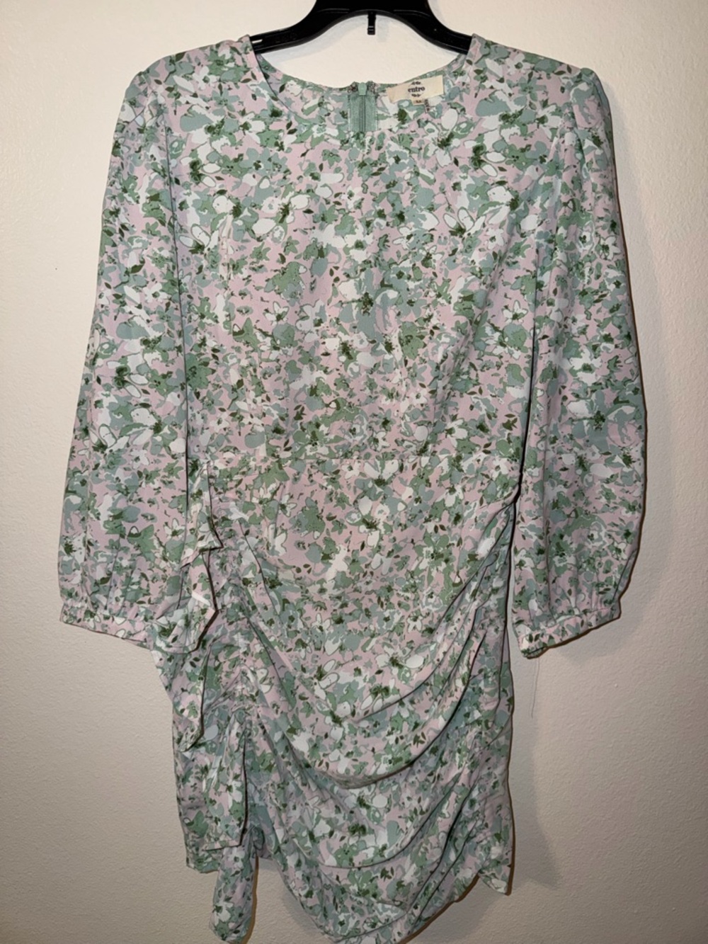 entro Pastel Green and Light Pink Floral Ruched Dress